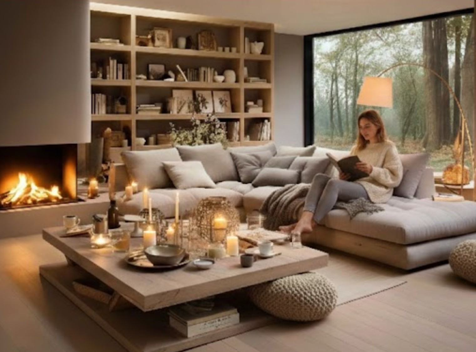 Woman reading in a cozy, minimalist modern living room